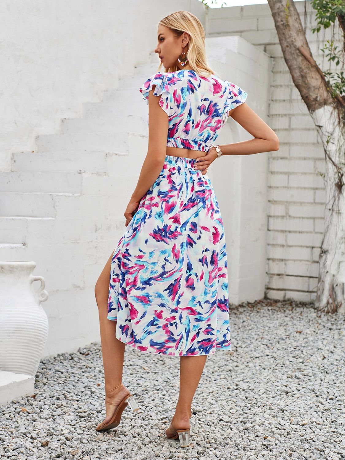 Cutout Slit Printed Cap Sleeve Dress