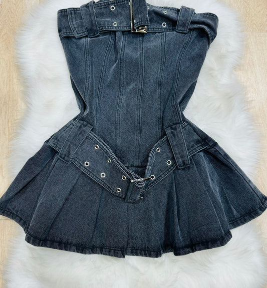 Double Belted Denim Mini Dress