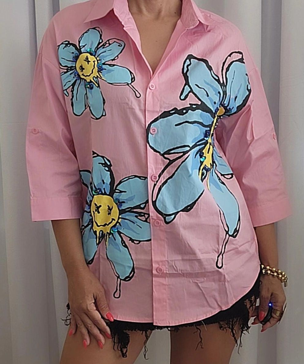 Pink Flower Button Down Shirt