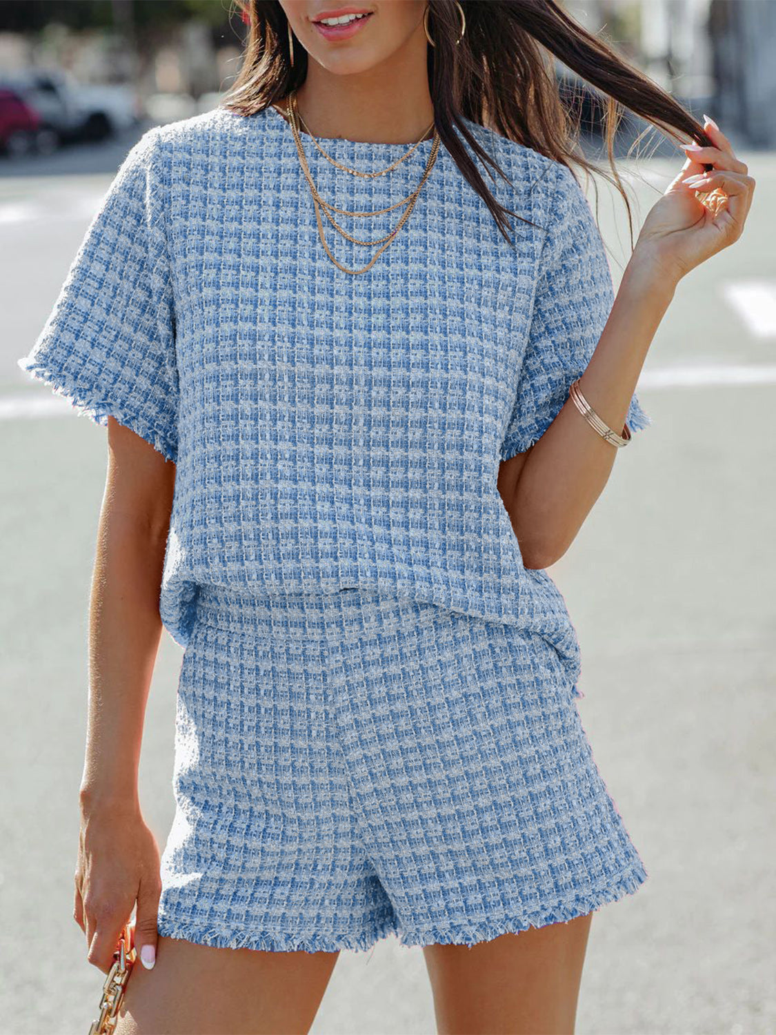 Raw Hem Round Neck Top and Shorts Set