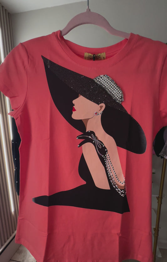 Women With Black Hat Orange T-Shirt