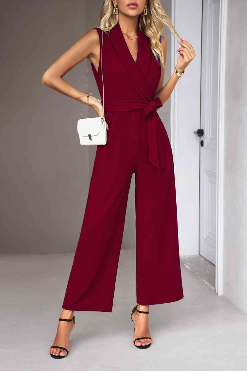 Tie Waist Shawl Collar Sleeveless Jumpsuit