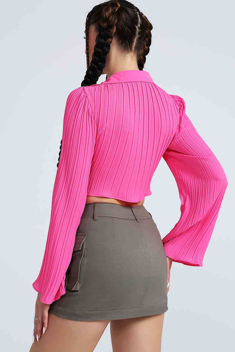 Tie Front Johnny Collar Flare Sleeve Cropped Top