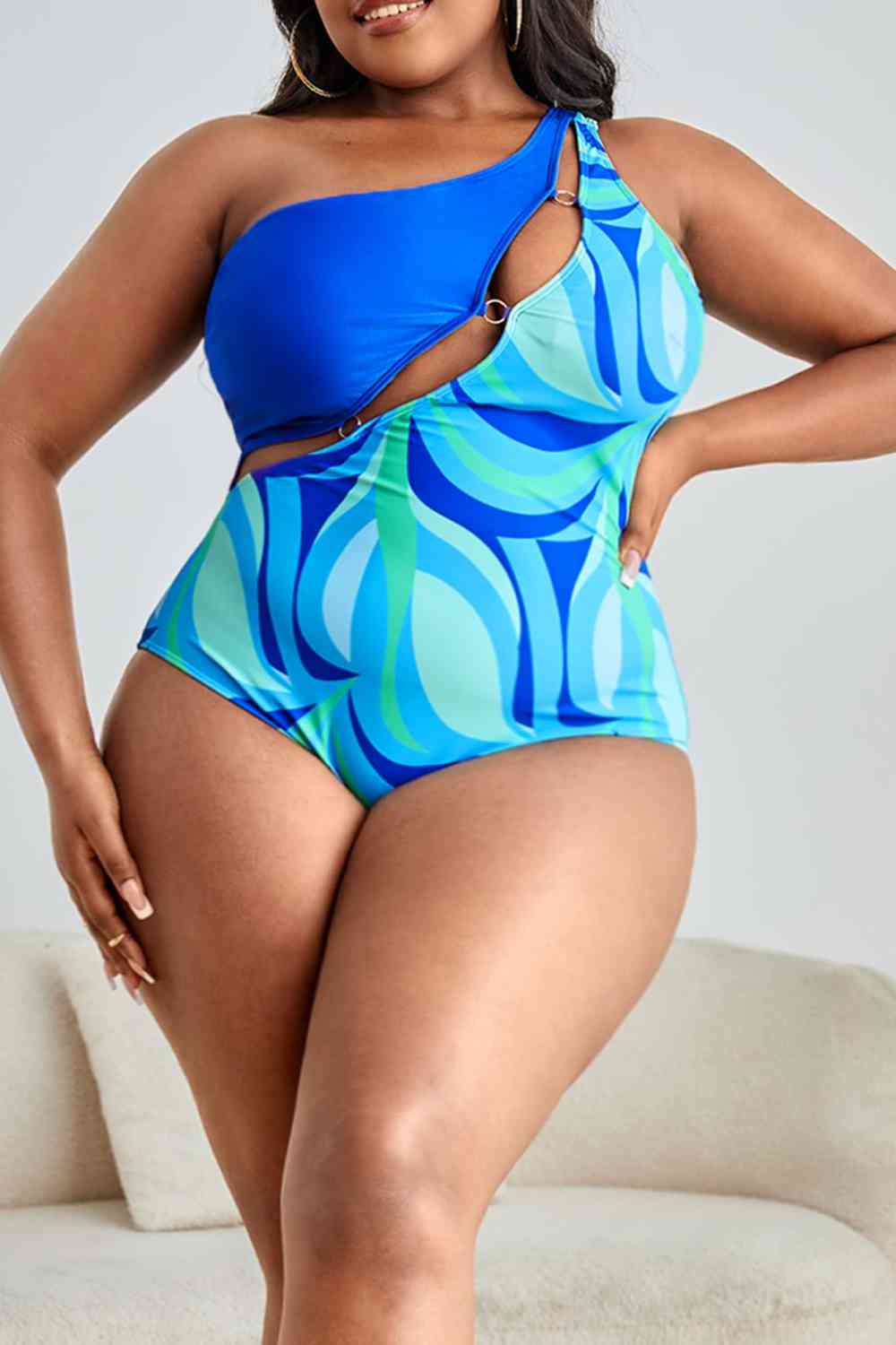 Plus Size Printed Ring Detail One-Shoulder One-Piece Swimsuit