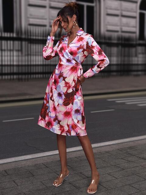 Floral Print Collared Neck  Slit Dress